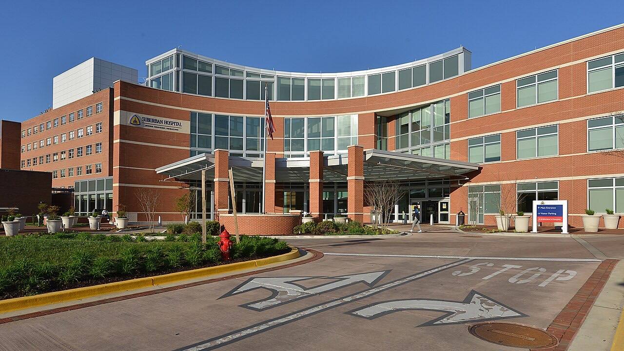 The main entrance to Suburban Hospital, a member of Jons Hopkins Medicine. 8600 Old Georgetown Road, Bethesda, Maryland.